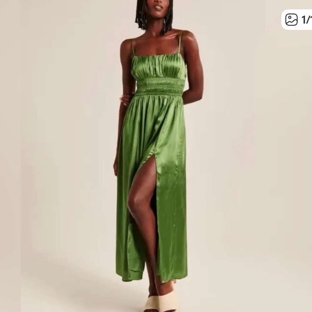 Abercrombie & Fitch smocked green satin milkmaid maxi dress
SP